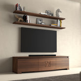 Mobile TV moderno sagomato legno noce intenso con mensole collezione Modigliani Piombini Mobili Classici Italiani tv 65" spenta COMP14